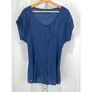 BABETTE Crinkle Pleat Top Short Sleeve Scoop Neck Pullover Blue Size S